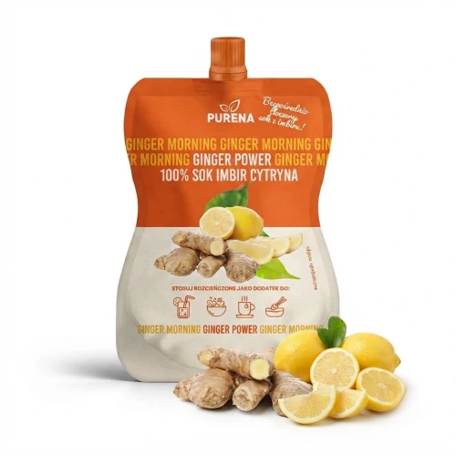 Shot z imbiru i cytryn 100% - koncentrat 180g Purena — opakowanie i zawartość produktu
