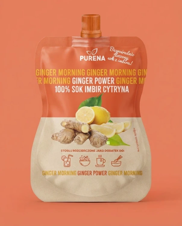 Shot z imbiru i cytryn 100% - koncentrat 180g Purena — opakowanie na tle w kolorze produktu