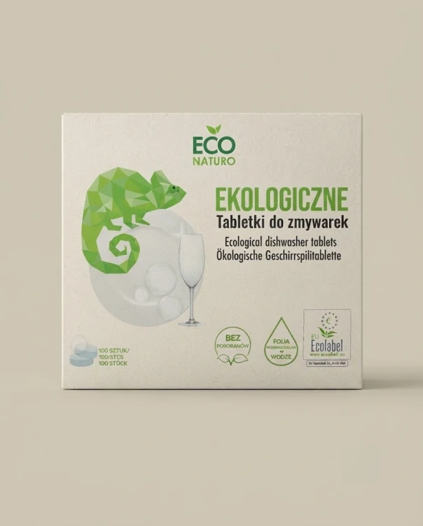 Tabletki do zmywarek 100 SZTUK PolBioEco — opakowanie na tle w kolorze produktu