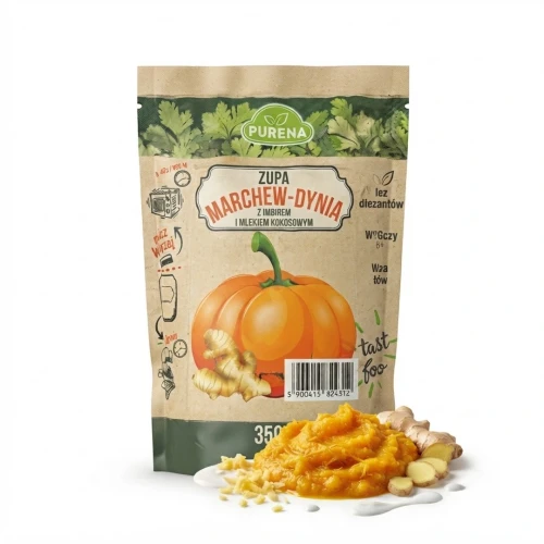 Zupa marchew-dynia z imbirem 350 g PURENA — opakowanie i zawartość produktu