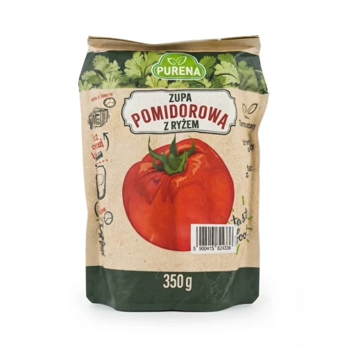 Zupa pomidorowa z ryżem 350 g PURE — opakowanie, zdjęcie studyjne