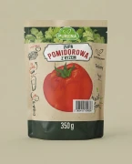 Zupa pomidorowa z ryżem 350 g PURE — opakowanie na tle w kolorze produktu