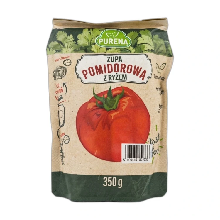 Zupa pomidorowa z ryżem 350 g PURE — opakowanie na białym tle