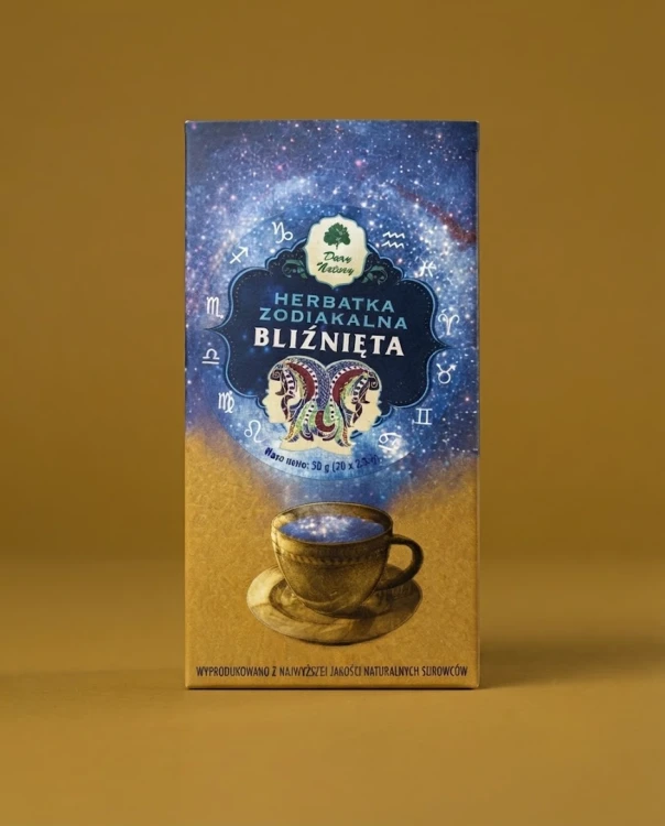 Herbatka zodiakalna 50 g (20 x 2,5 g) — opakowanie na tle w kolorze produktu