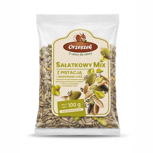 Sałatkowy mix z pistacją i nasionami chia 100 g Orzeszek — opakowanie, zdjęcie studyjne