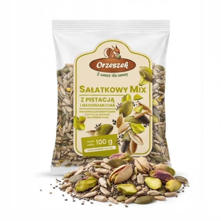 Sałatkowy mix z pistacją i nasionami chia 100 g Orzeszek — opakowanie i zawartość produktu
