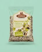Sałatkowy mix z pistacją i nasionami chia 100 g Orzeszek — opakowanie na tle w kolorze produktu