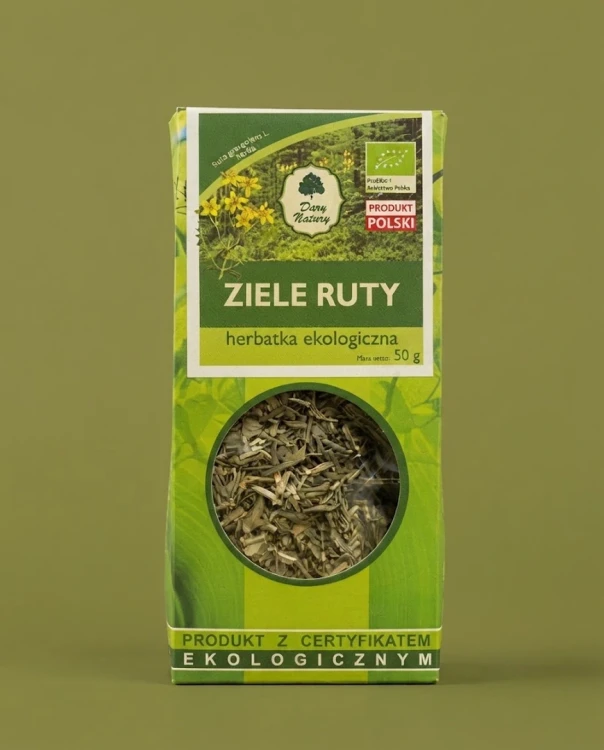 ZIELE RUTY 50 g Podlaski Ogród Ziołowy — opakowanie na tle w kolorze produktu