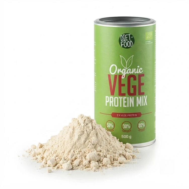 Ekologiczna mieszanka białek roślinnych 500 g DIET-FOOD.PL — opakowanie i zawartość produktu