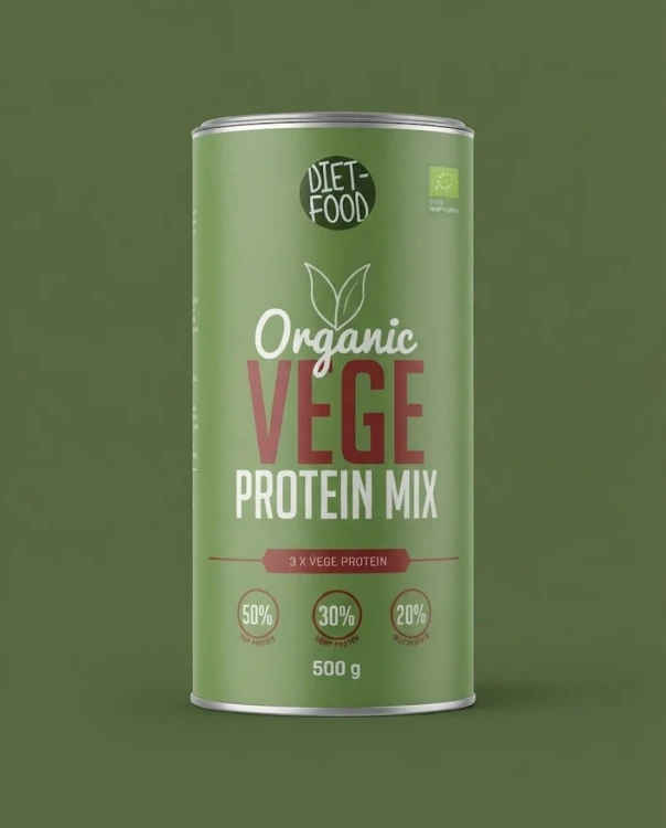 Ekologiczna mieszanka białek roślinnych 500 g DIET-FOOD.PL — opakowanie na tle w kolorze produktu