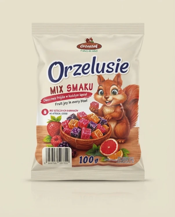 Orzelusie - mix smaku 100 g Orzeszek — opakowanie na tle w kolorze produktu