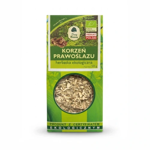 KORZEŃ PRAWOŚLAZU 50 g Podlaski Ogród Ziołowy — opakowanie, zdjęcie studyjne