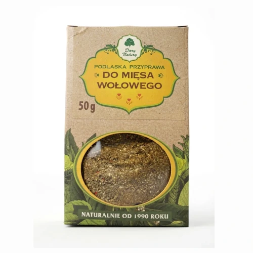 PODLASKA PRZYPRAWA DO MIĘSA WOŁOWEGO 50 g Dary Natury — opakowanie, zdjęcie studyjne