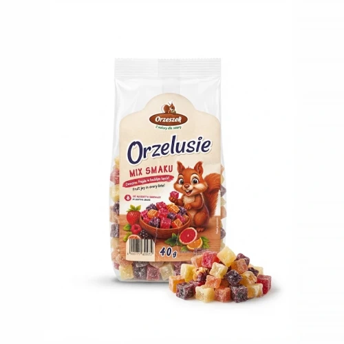MIX suszonych kostek z owocami 40 g ORZELUSIE — opakowanie i zawartość produktu