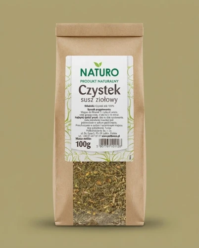 Czystek - susz ziołowy 100g NATURO — opakowanie na tle w kolorze produktu