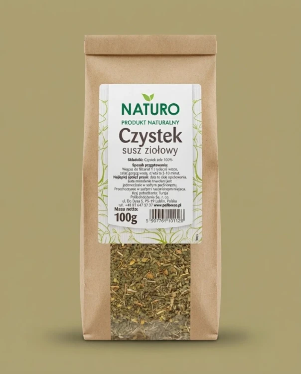 Czystek - susz ziołowy 100g NATURO — opakowanie na tle w kolorze produktu