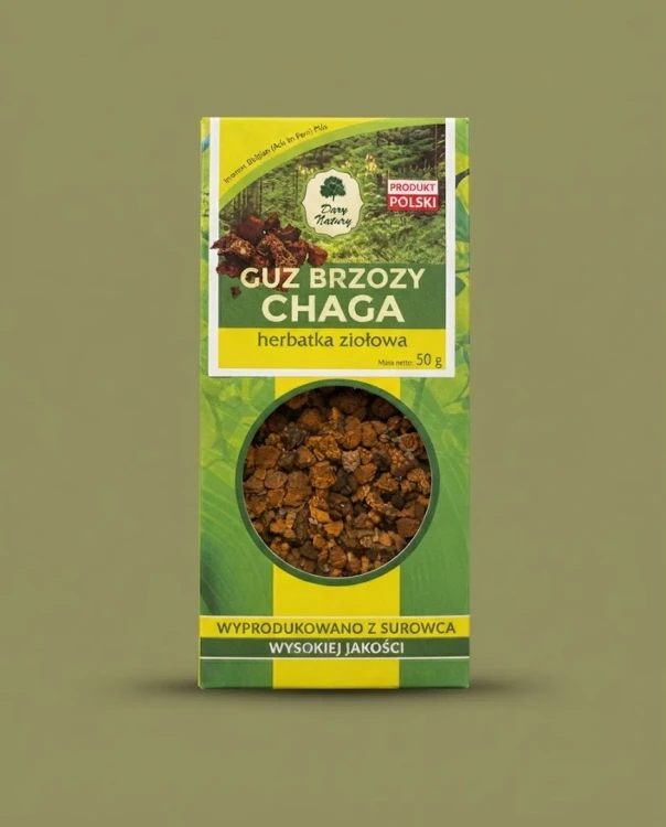 GUZ BRZOZY „CHAGA” 50 g — opakowanie na tle w kolorze produktu