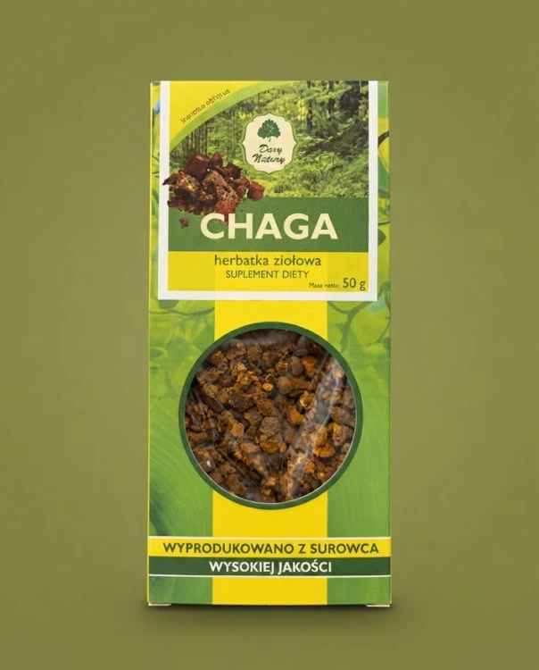 CHAGA 50 g — opakowanie na tle w kolorze produktu
