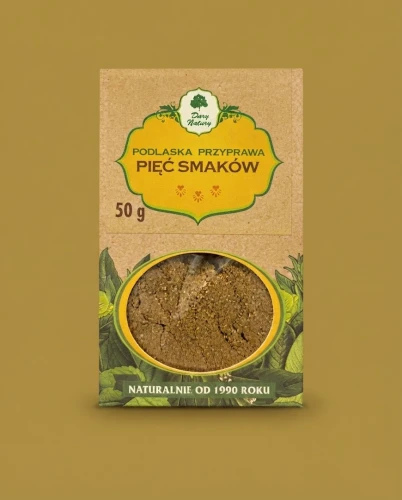 PIĘĆ SMAKÓW 50 g Dary Natury — opakowanie na tle w kolorze produktu