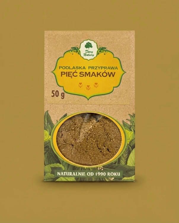 PIĘĆ SMAKÓW 50 g Dary Natury — opakowanie na tle w kolorze produktu