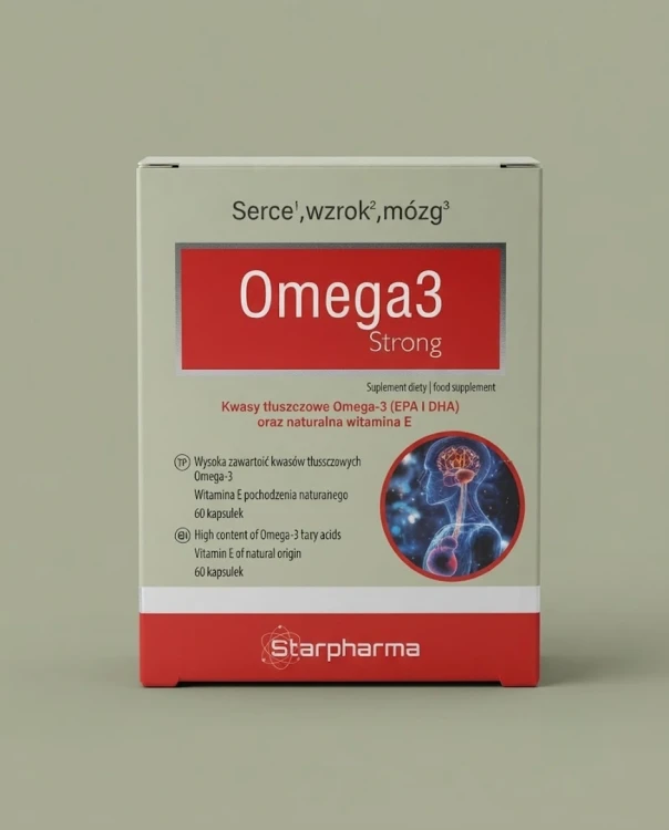 Omega3 Strong 60 kapsułek Starpharma — opakowanie na tle w kolorze produktu