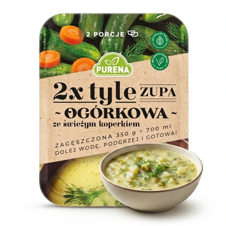 Zupa ogórkowa ze świeżym koperkiem 350g Purena — opakowanie i zawartość produktu