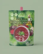 Zupa krem z buraka 350g Purena — opakowanie na tle w kolorze produktu