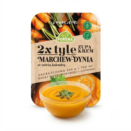 Zupa krem marchew-dynia ze świeżą kolendrą 350g Purena — opakowanie i zawartość produktu