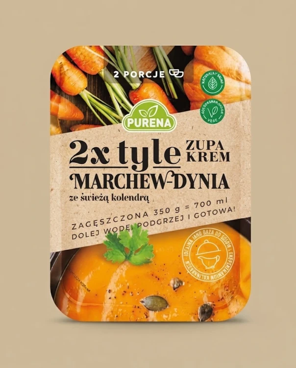 Zupa krem marchew-dynia ze świeżą kolendrą 350g Purena — opakowanie na tle w kolorze produktu