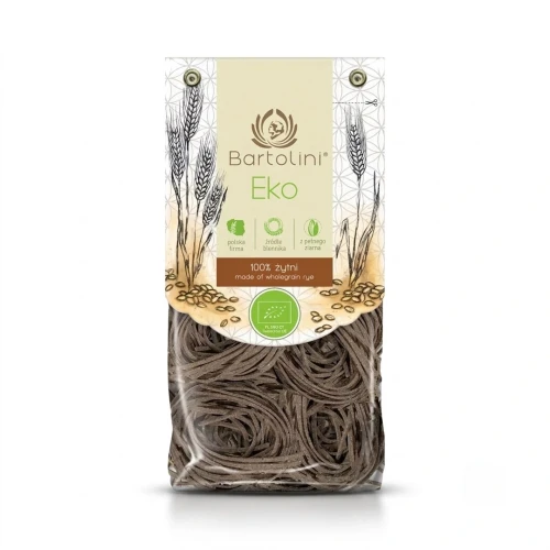 Ekologiczny makaron żytni - gniazda 250g Bartolini — opakowanie, zdjęcie studyjne