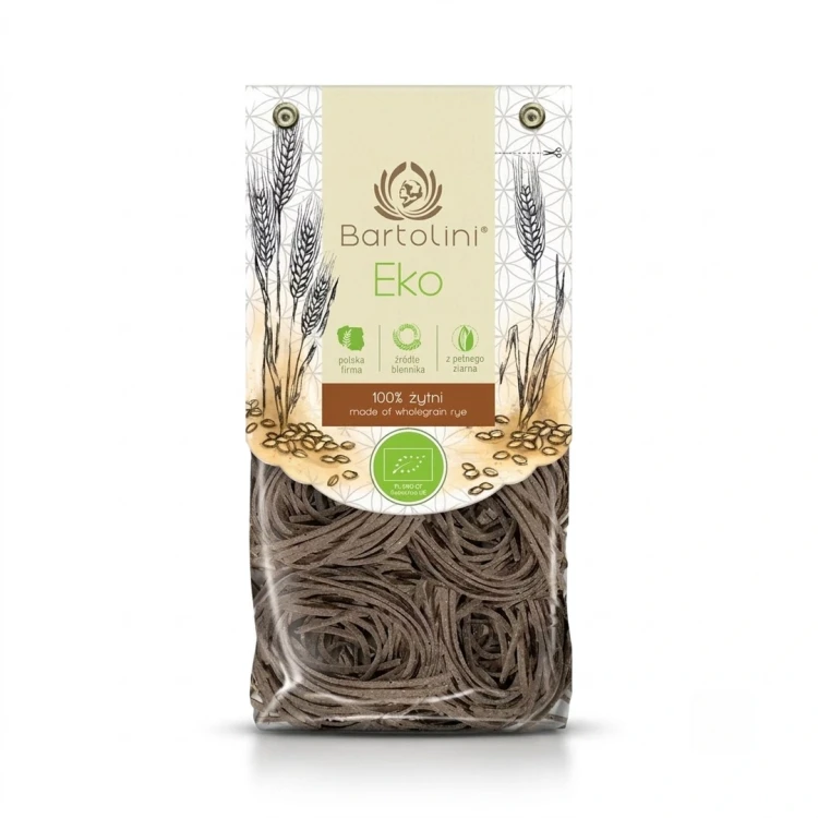 Ekologiczny makaron żytni - gniazda 250g Bartolini — opakowanie, zdjęcie studyjne