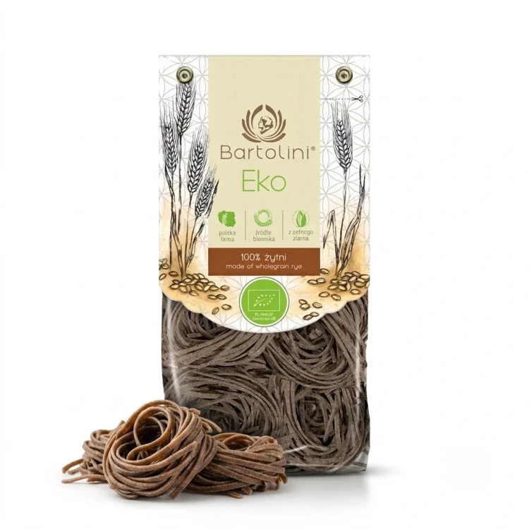 Ekologiczny makaron żytni - gniazda 250g Bartolini — opakowanie i zawartość produktu