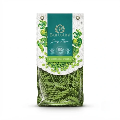 Dary Ziemi Makaron z zielonego groszku - świderki 250g Bartolini — opakowanie, zdjęcie studyjne