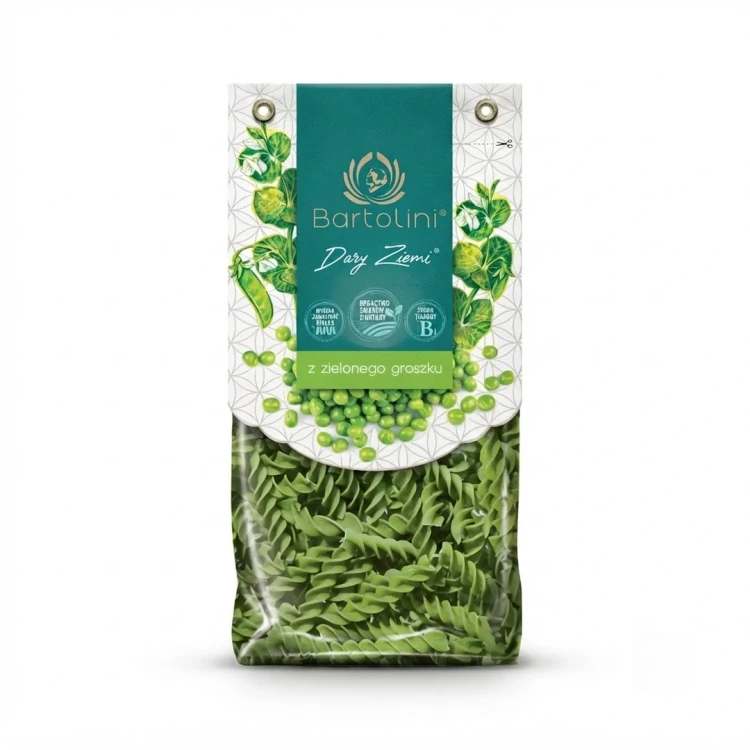 Dary Ziemi Makaron z zielonego groszku - świderki 250g Bartolini — opakowanie, zdjęcie studyjne