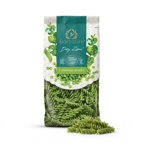 Dary Ziemi Makaron z zielonego groszku - świderki 250g Bartolini — opakowanie i zawartość produktu