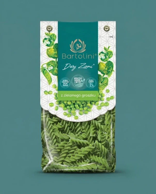 Dary Ziemi Makaron z zielonego groszku - świderki 250g Bartolini — opakowanie na tle w kolorze produktu