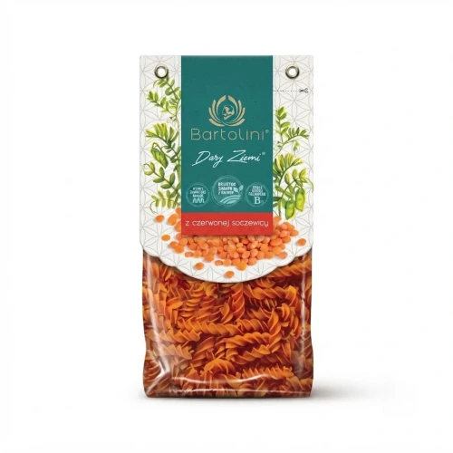 Dary Ziemi Makaron z czerwonej soczewicy - świderki 250g Bartolini — opakowanie, zdjęcie studyjne