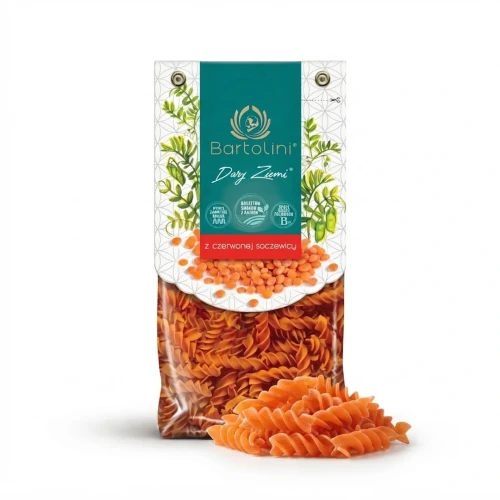 Dary Ziemi Makaron z czerwonej soczewicy - świderki 250g Bartolini — opakowanie i zawartość produktu