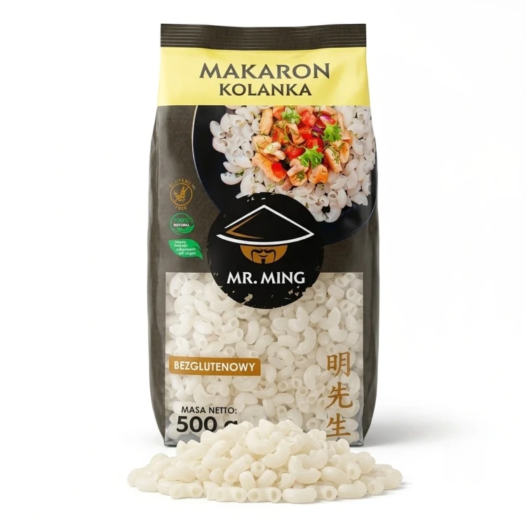 MAKARON RYŻOWY KOLANKA 500 g Mr. Ming — opakowanie i zawartość produktu