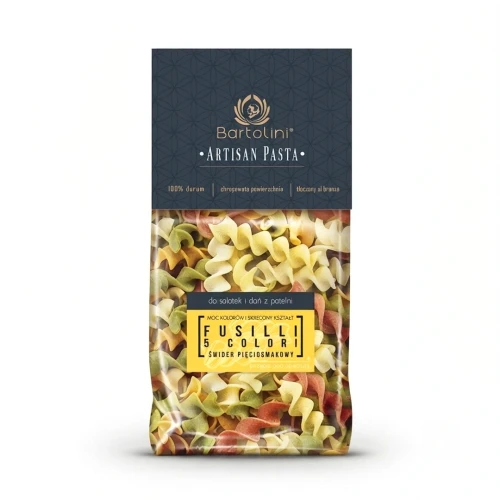 Artisan Makaron Durum - świderki 5 smaków (Fussilli 5-colori) 300g Bartolini — opakowanie, zdjęcie studyjne
