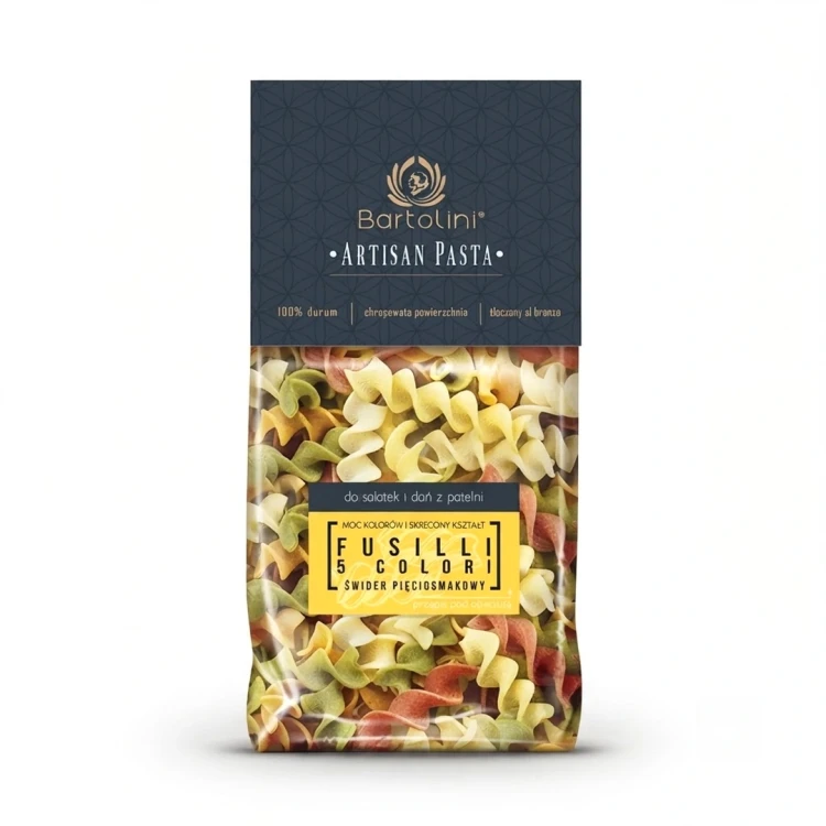 Artisan Makaron Durum - świderki 5 smaków (Fussilli 5-colori) 300g Bartolini — opakowanie, zdjęcie studyjne