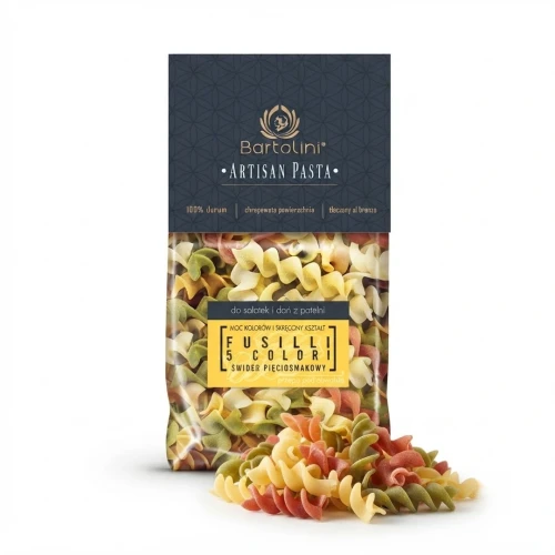 Artisan Makaron Durum - świderki 5 smaków (Fussilli 5-colori) 300g Bartolini — opakowanie i zawartość produktu