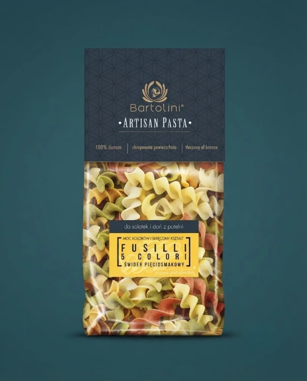 Artisan Makaron Durum - świderki 5 smaków (Fussilli 5-colori) 300g Bartolini — opakowanie na tle w kolorze produktu