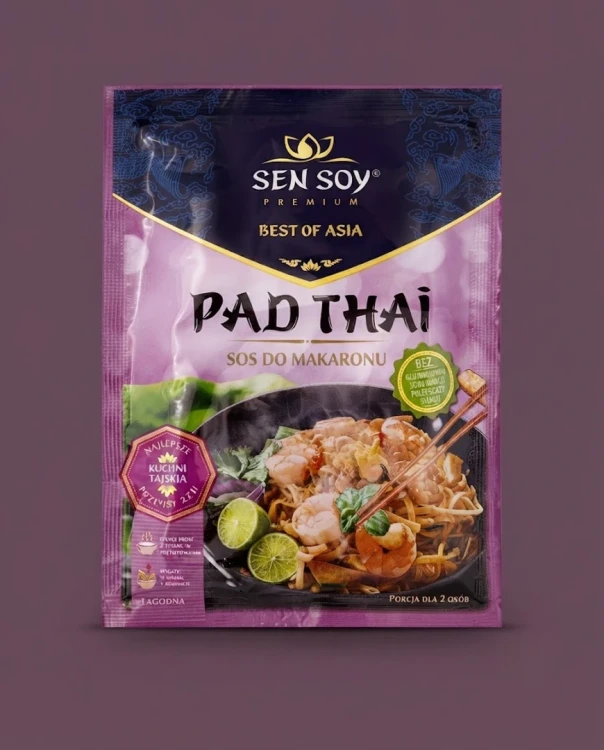 Sos do tajskiego makaronu Pad Thai 80g Sen Soy — opakowanie na tle w kolorze produktu