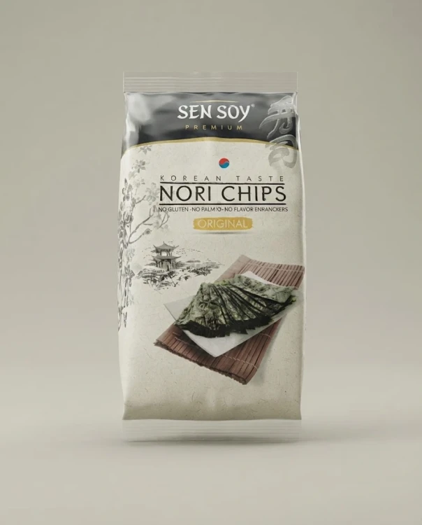 Chipsy Nori - klasyczne Sen Soy — opakowanie na tle w kolorze produktu