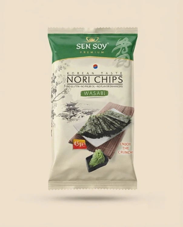 Chipsy Nori - wasabi Sen Soy — opakowanie na tle w kolorze produktu