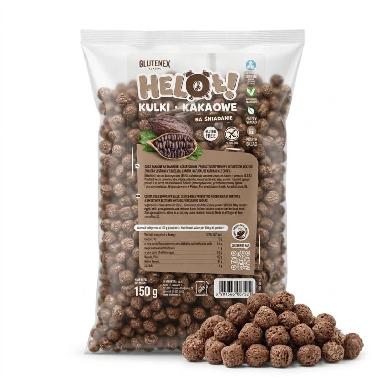 KULKI KAKAOWE NA ŚNIADANIE, KUKURYDZIANE 150 g GLUTENEX — opakowanie i zawartość produktu