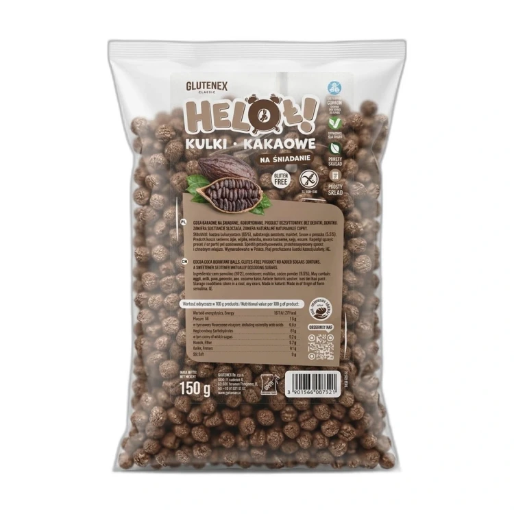 KULKI KAKAOWE NA ŚNIADANIE, KUKURYDZIANE 150 g GLUTENEX — opakowanie na białym tle