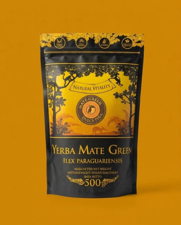 Yerba Mate Green Ananas Terere (dulce pina) 500g Yerba Mate Green — opakowanie na tle w kolorze produktu