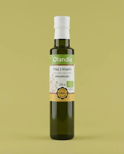 Olej z lnianki (rydzowy) 250 ml Złoto Polskie — opakowanie na tle w kolorze produktu
